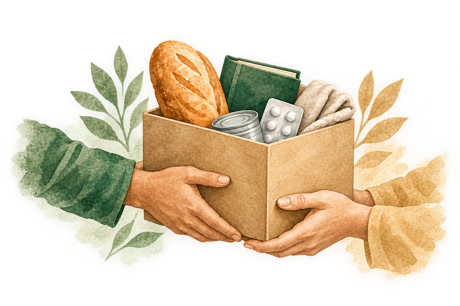 Illustration: Zwei Hände reichen eine Kiste mit Brot, Buch, Konserve, Medikamenten und Decke weiter.