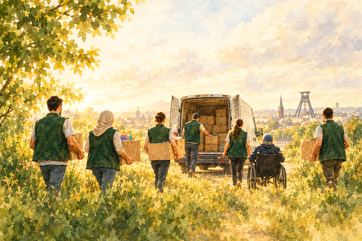 Illustration: Helferinnen und Helfer tragen Kisten mit Hilfsgütern zu einem Transporter, im Hintergrund ein Förderturm.